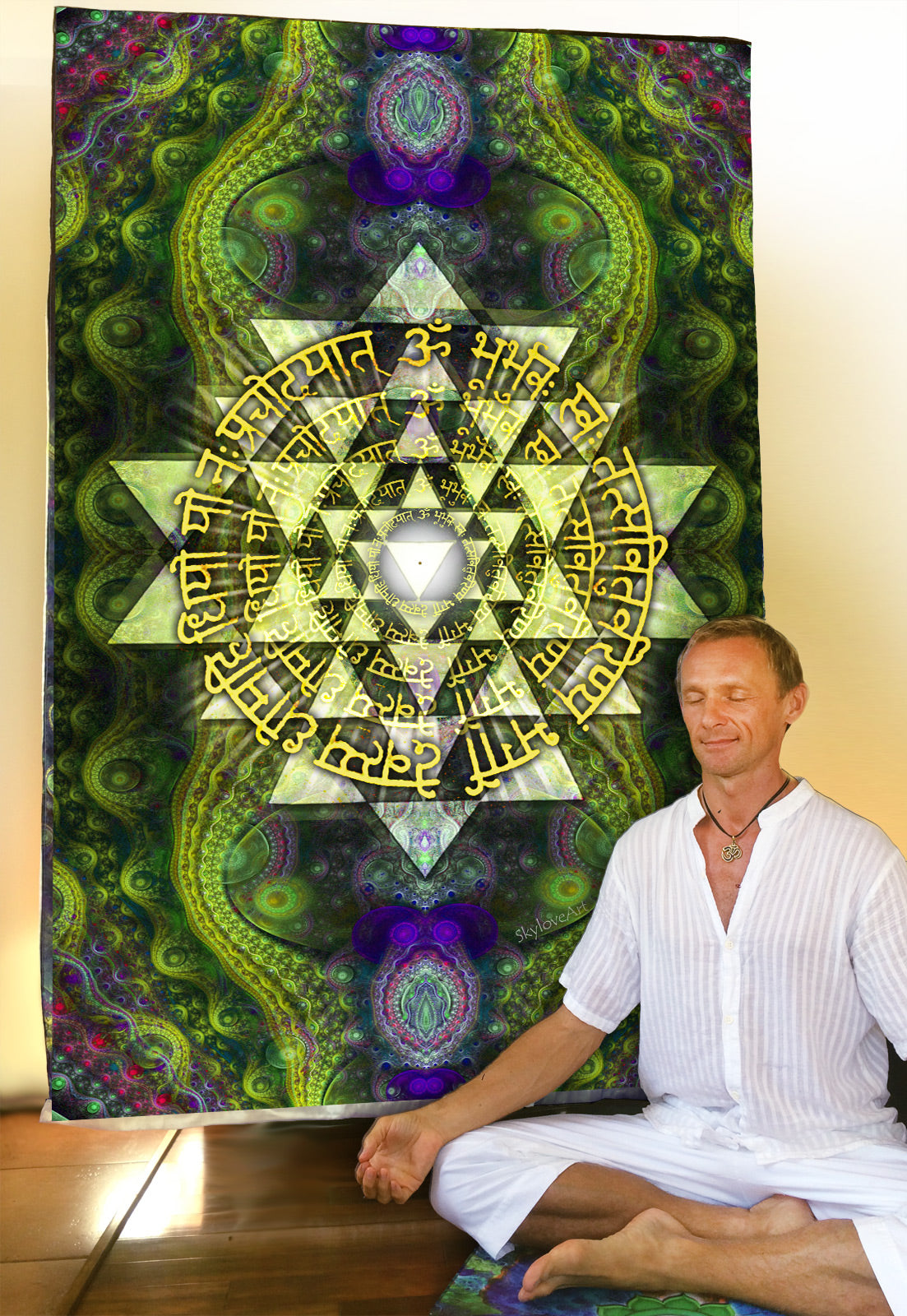 Gayatri Mantra with Sri Yantra tapestry displayed in a room setting