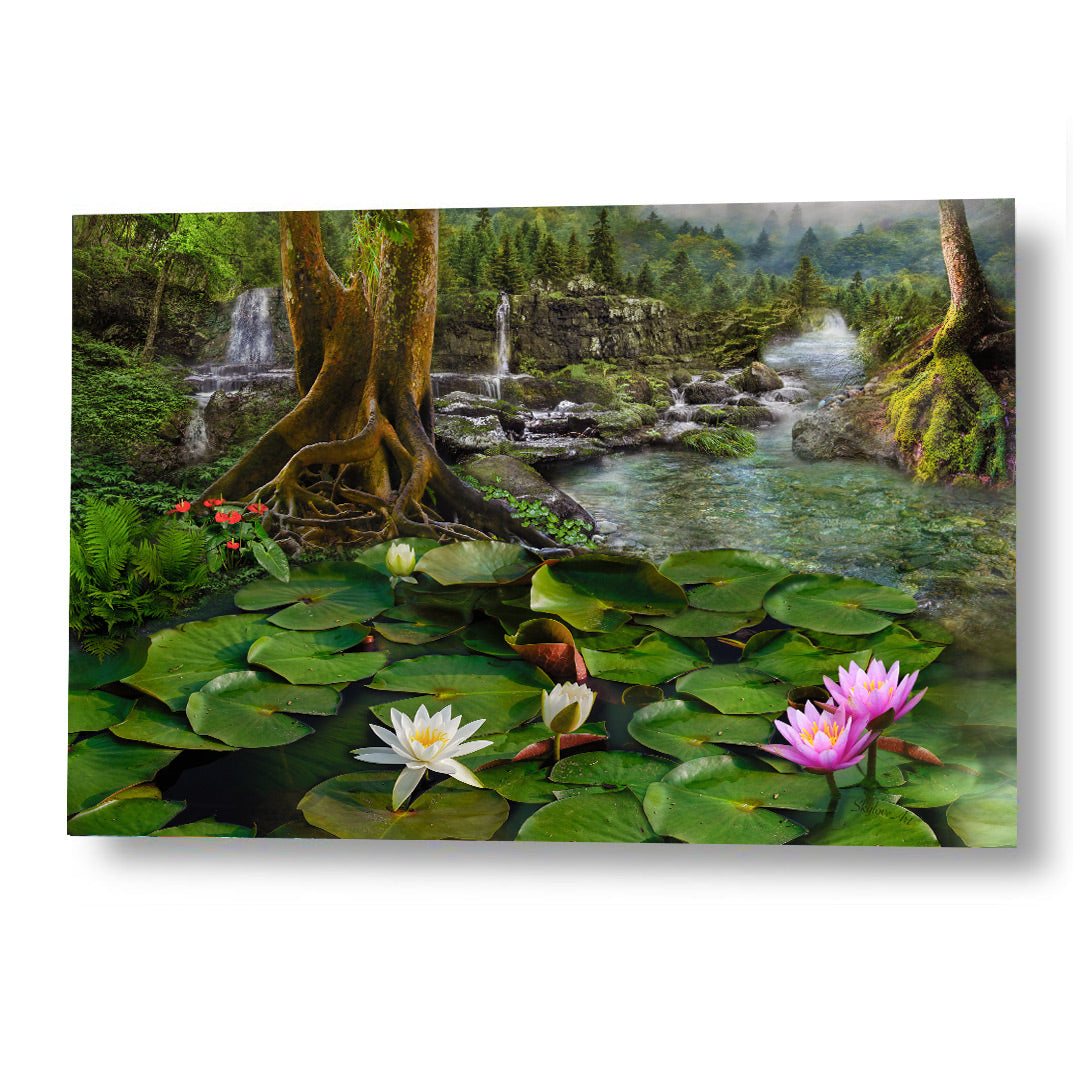 Lotus pond wall art — peaceful water garden with lily pads and forest backdrop by SkyloveArt