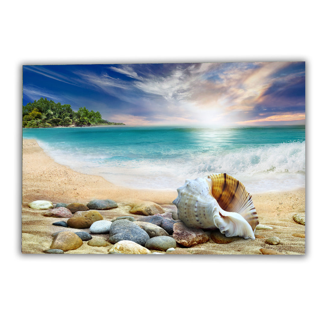 Beach wall art — seashell on a sandy shore with turquoise ocean water by SkyloveArt