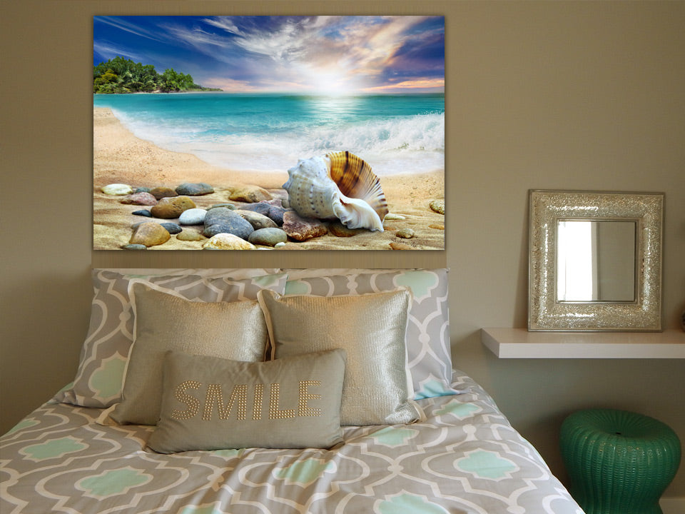Beach wall art displayed in a room setting