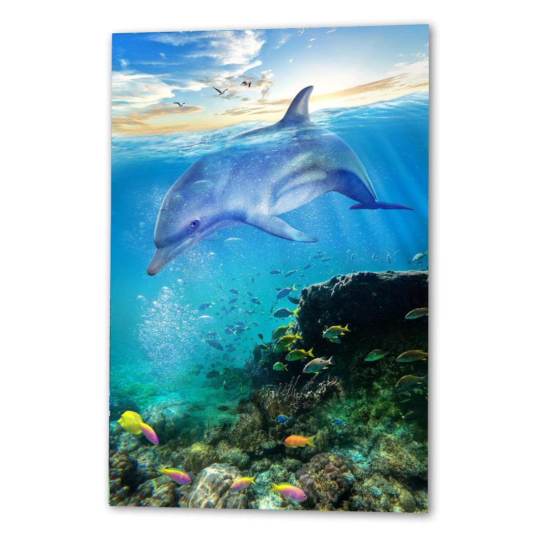 Dolphin wall art — radiant dolphin gliding through turquoise ocean above a coral reef by SkyloveArt