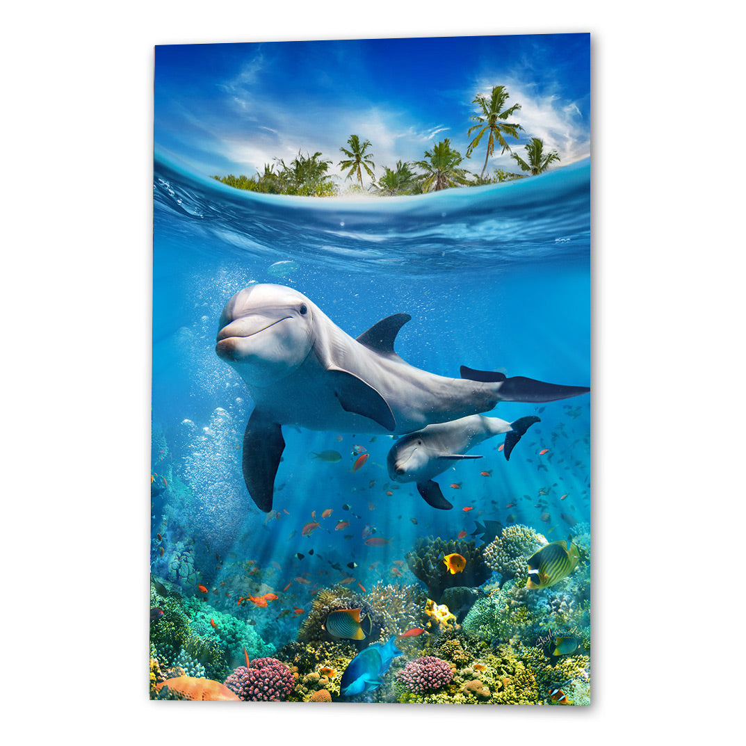 Dolphins wall art — two dolphins swimming through a sunlit underwater scene by SkyloveArt