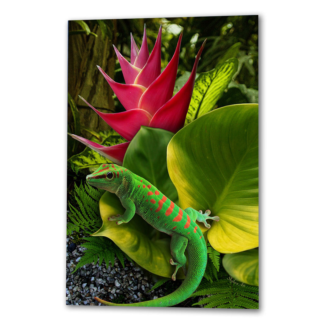Gecko wall art — vivid green gecko among lush jungle leaves and tropical flowers by SkyloveArt