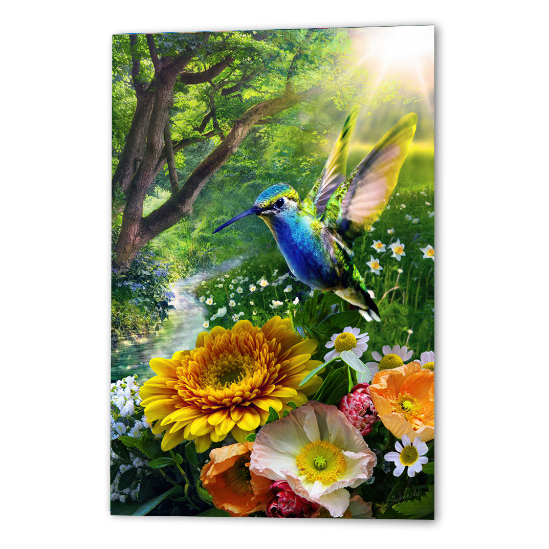 Hummingbird wall art — iridescent hummingbird in a lush tropical garden by SkyloveArt