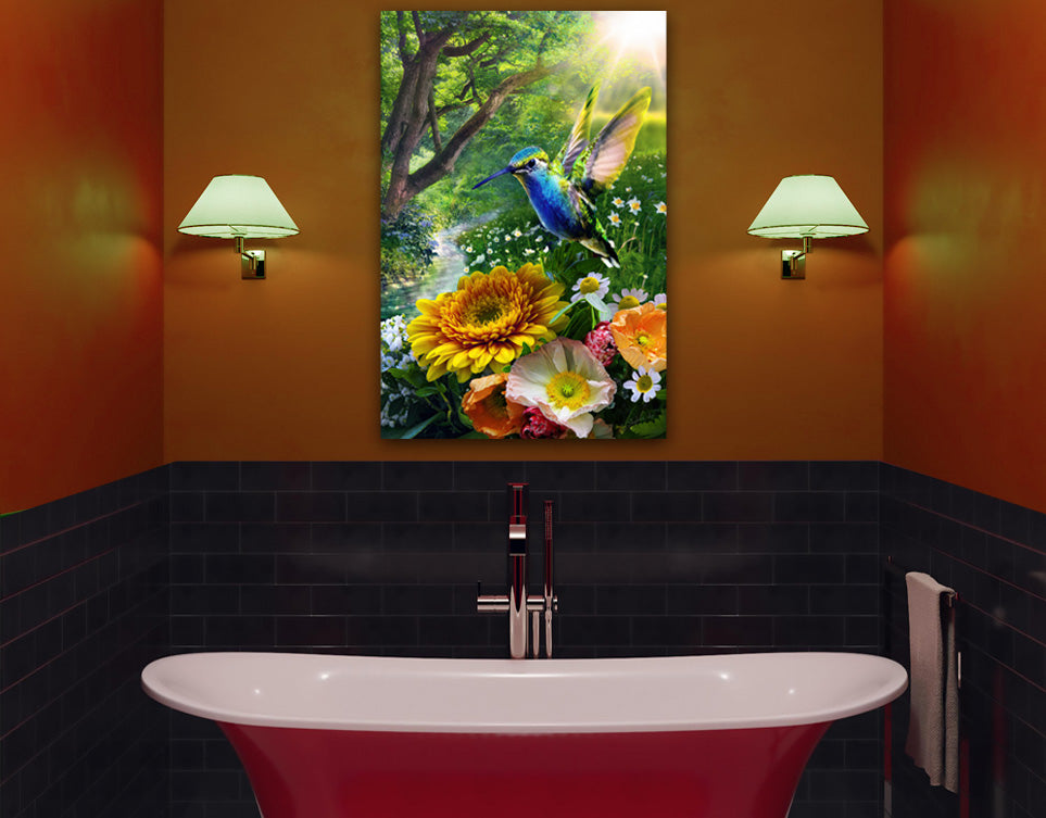 Hummingbird wall art displayed in a room setting