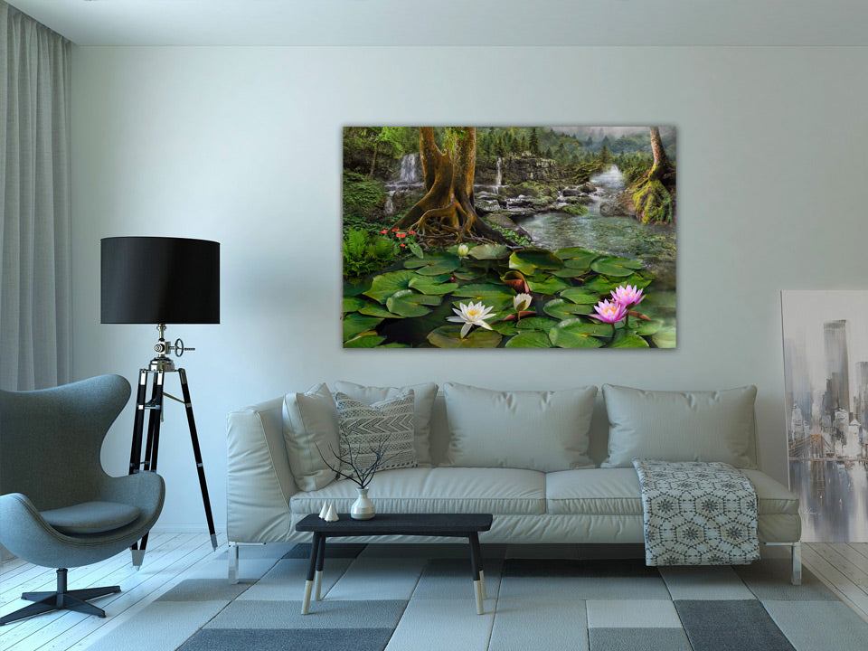Lotus Pond wall art displayed in a room setting