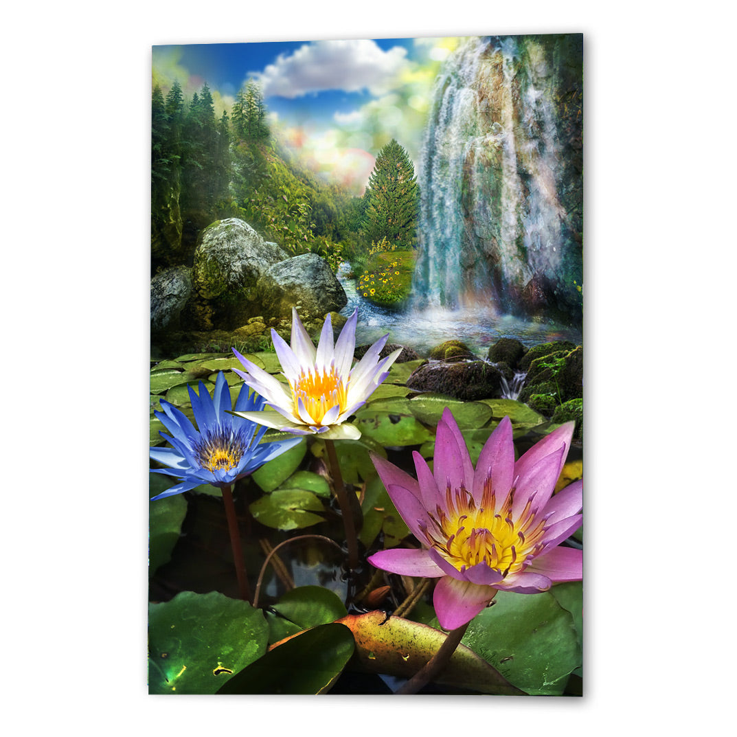 Lotus wall art — water lilies and waterfall in a mystical forest landscape by SkyloveArt