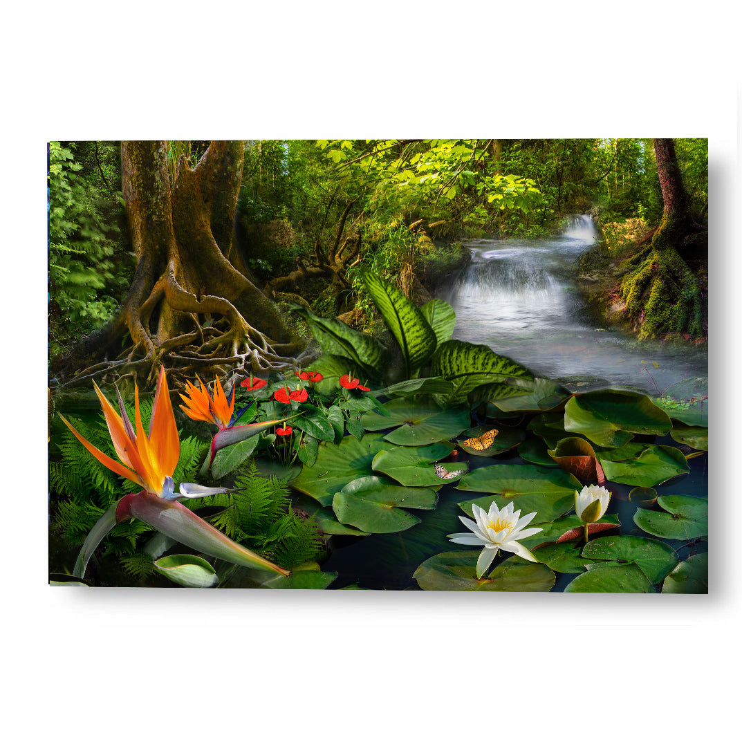 Lotus pond wall art — lush tropical oasis with water lilies and cascading waterfall by SkyloveArt