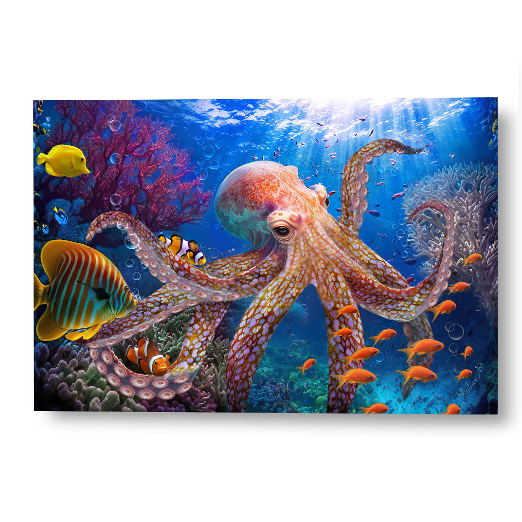 Octopus wall art — vibrant octopus among a deep sea coral reef by SkyloveArt