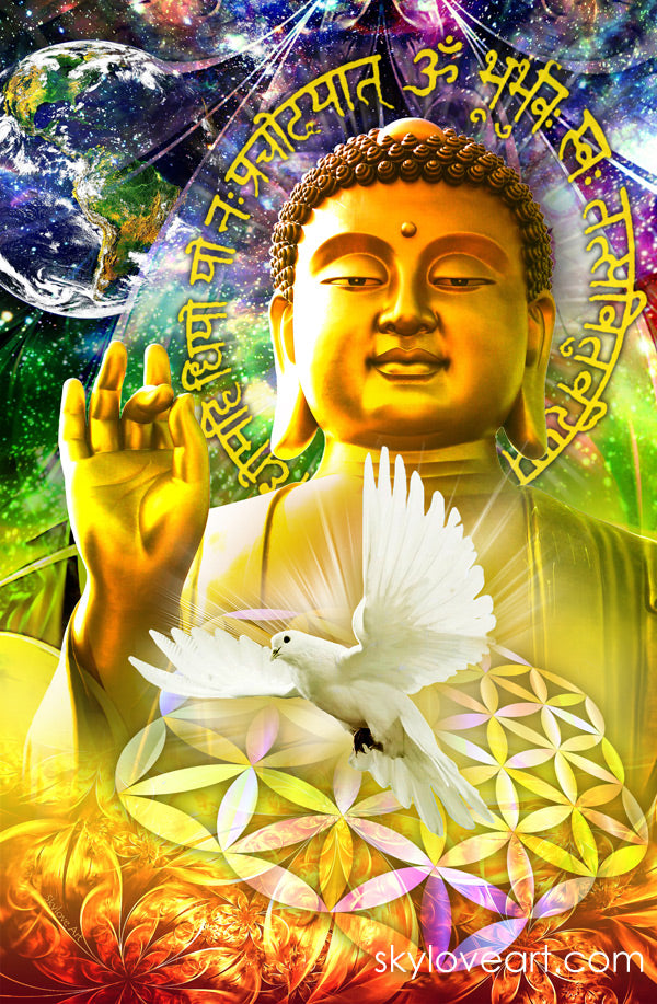Peace Buddha spiritual tapestry — serene Buddha blessing sacred wall hanging by SkyloveArt
