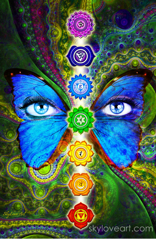 Chakra Butterfly spiritual tapestry — colorful butterfly with seven chakra symbols wall hanging by SkyloveArt