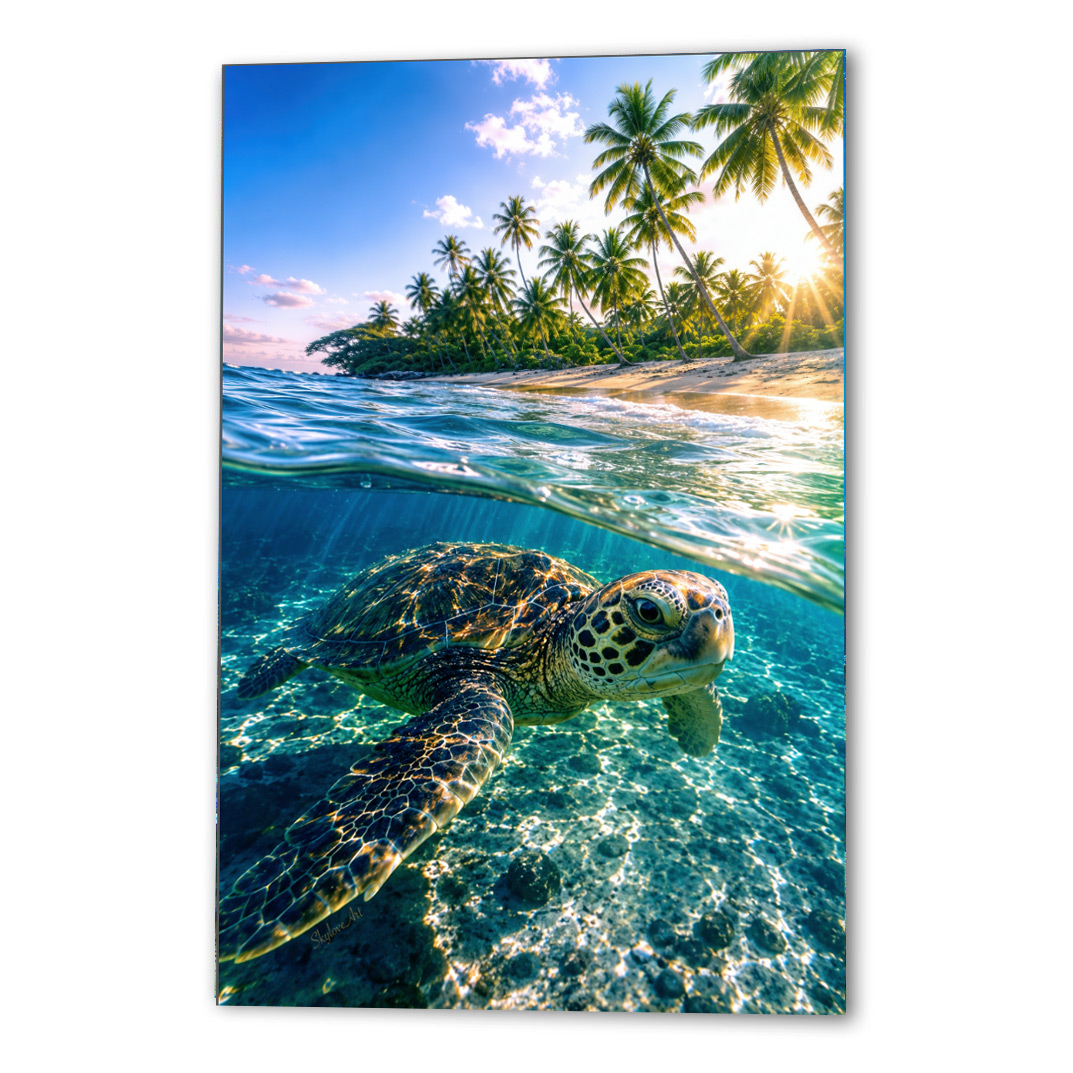 Turtle #3 wall art — sea turtle beneath crystal-clear Hawaiian waters by SkyloveArt