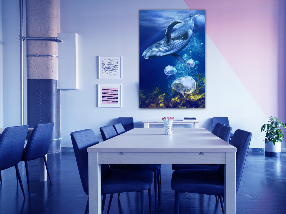 Whale #2 wall art displayed in a room setting