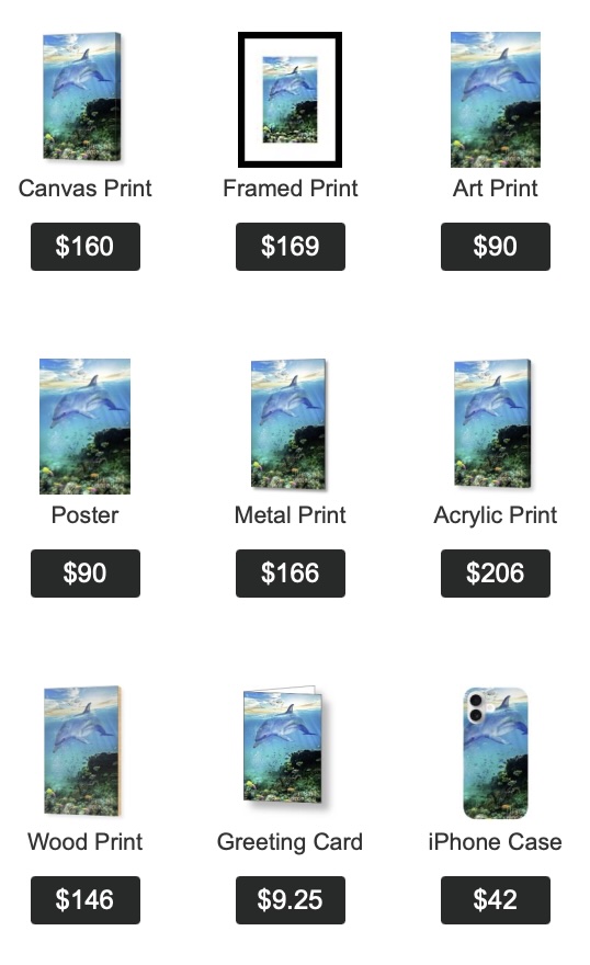 Dolphin — radiant dolphin gliding through turquoise ocean above a coral reef art print by SkyloveArt